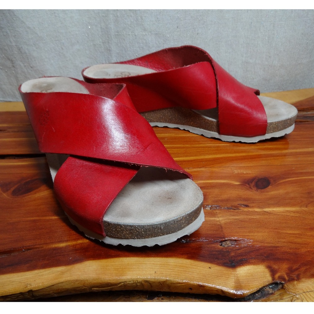 Yokono Wedge Sandals Womens Red Leather Cross Strap Spain Boho Slide 8 Coastal